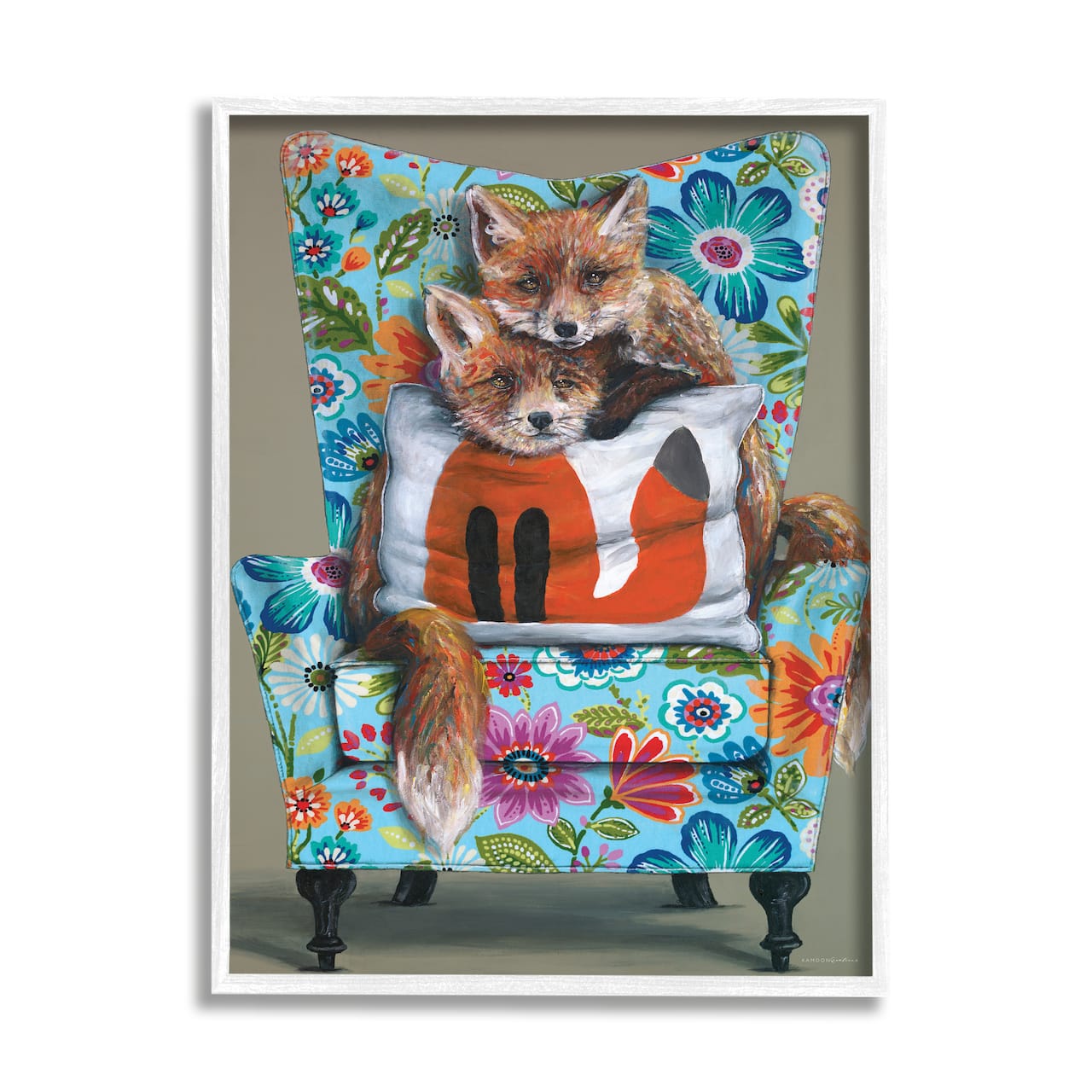 Stupell Industries Red Fox Pair Sitting Chair Spring Floral Pattern Framed Wall Art